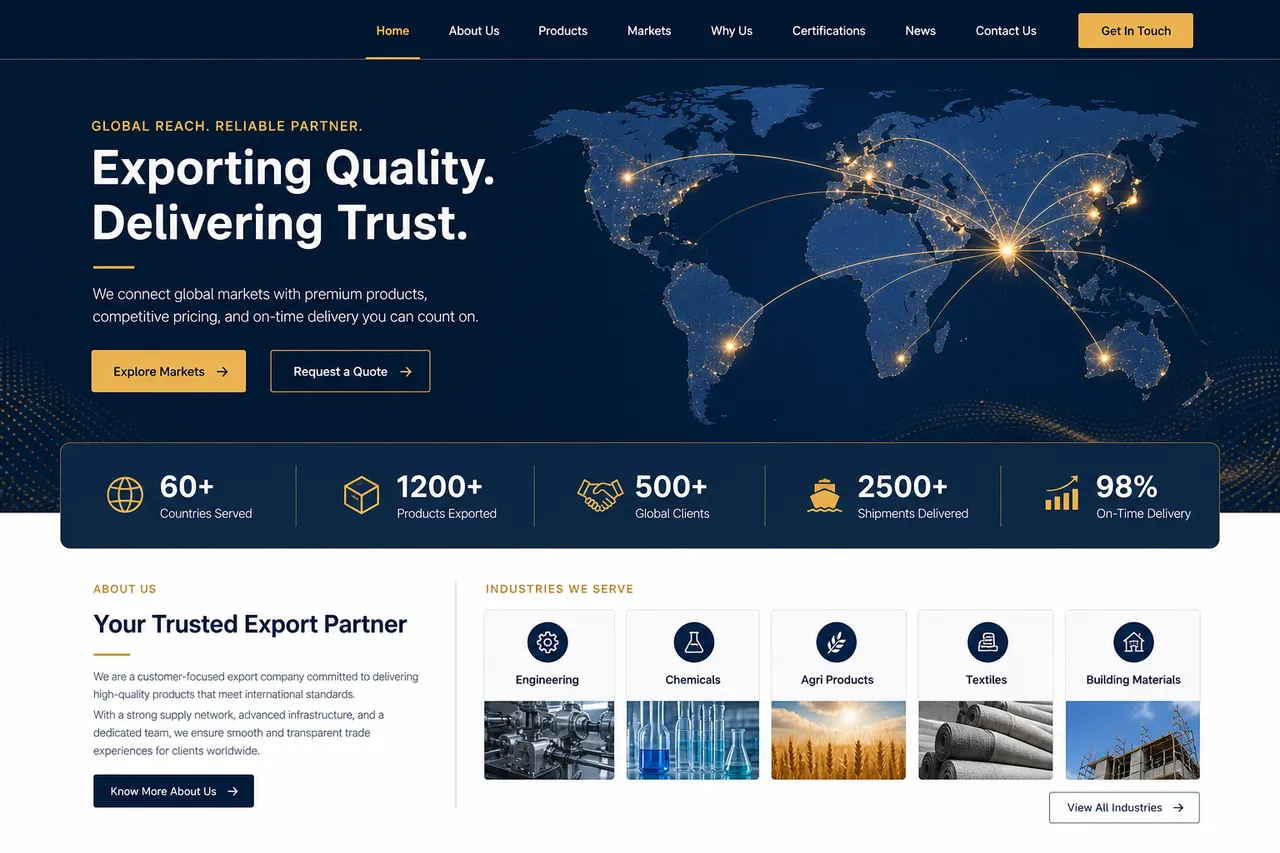 Screenshot of the ZM Exports website built by TechSolutionHub